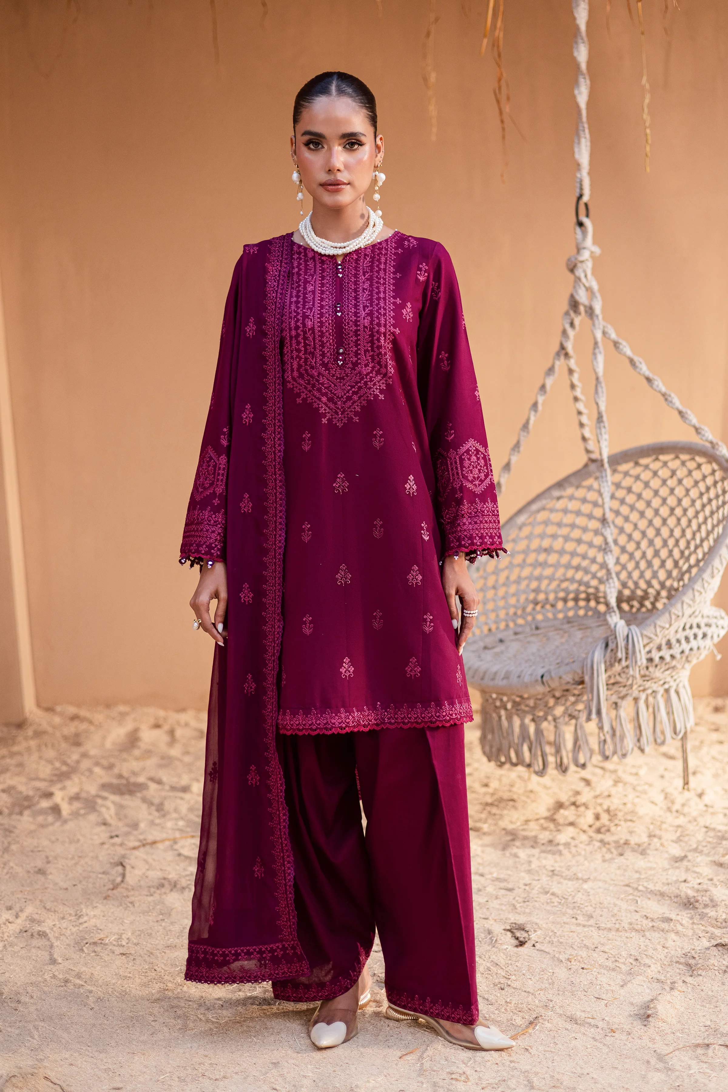 Maroon Henna 3Pc - Embroidered Khaddar Dress - Image 3