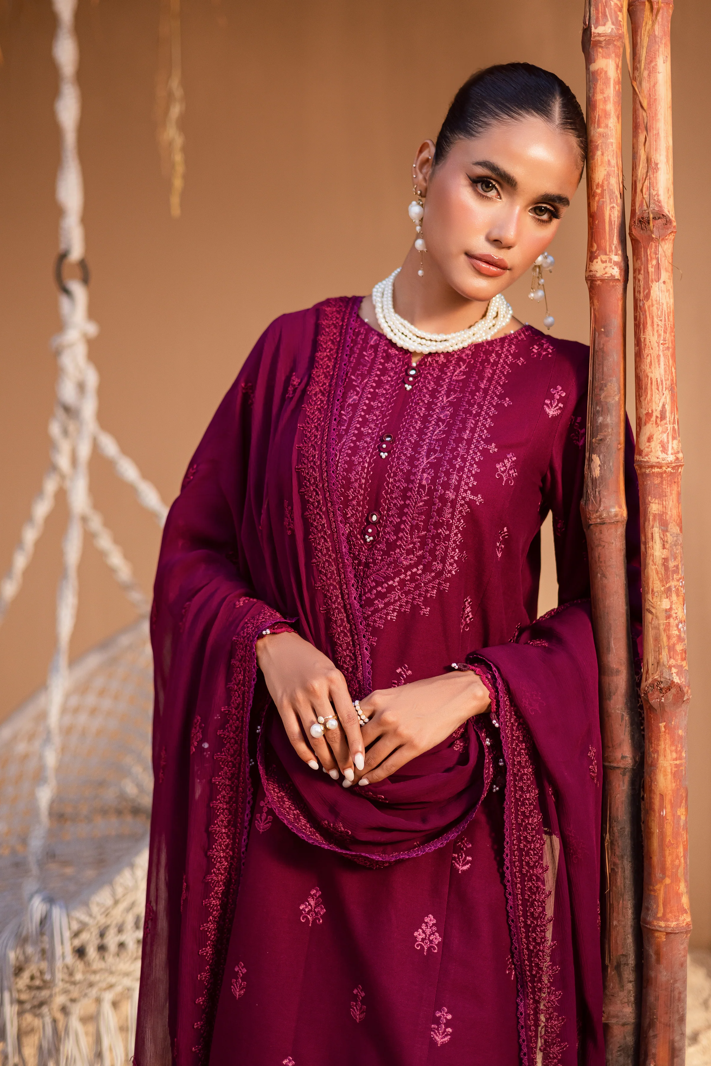Maroon Henna 3Pc - Embroidered Khaddar Dress - Image 6