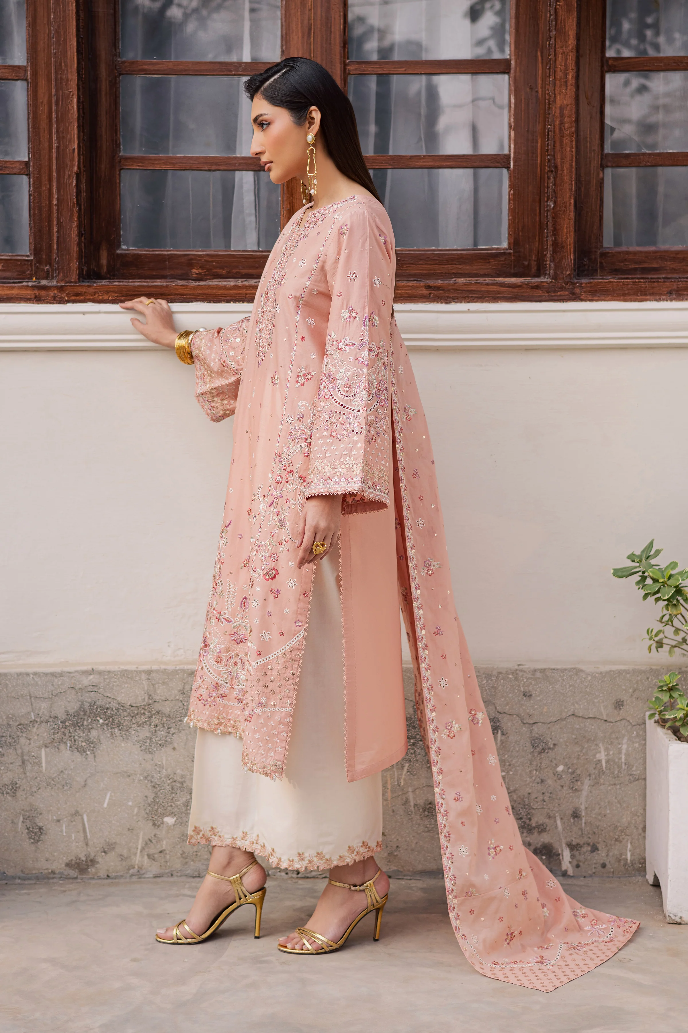 Peach Line 3Pc - Festive Embroidered Lawn - Image 3