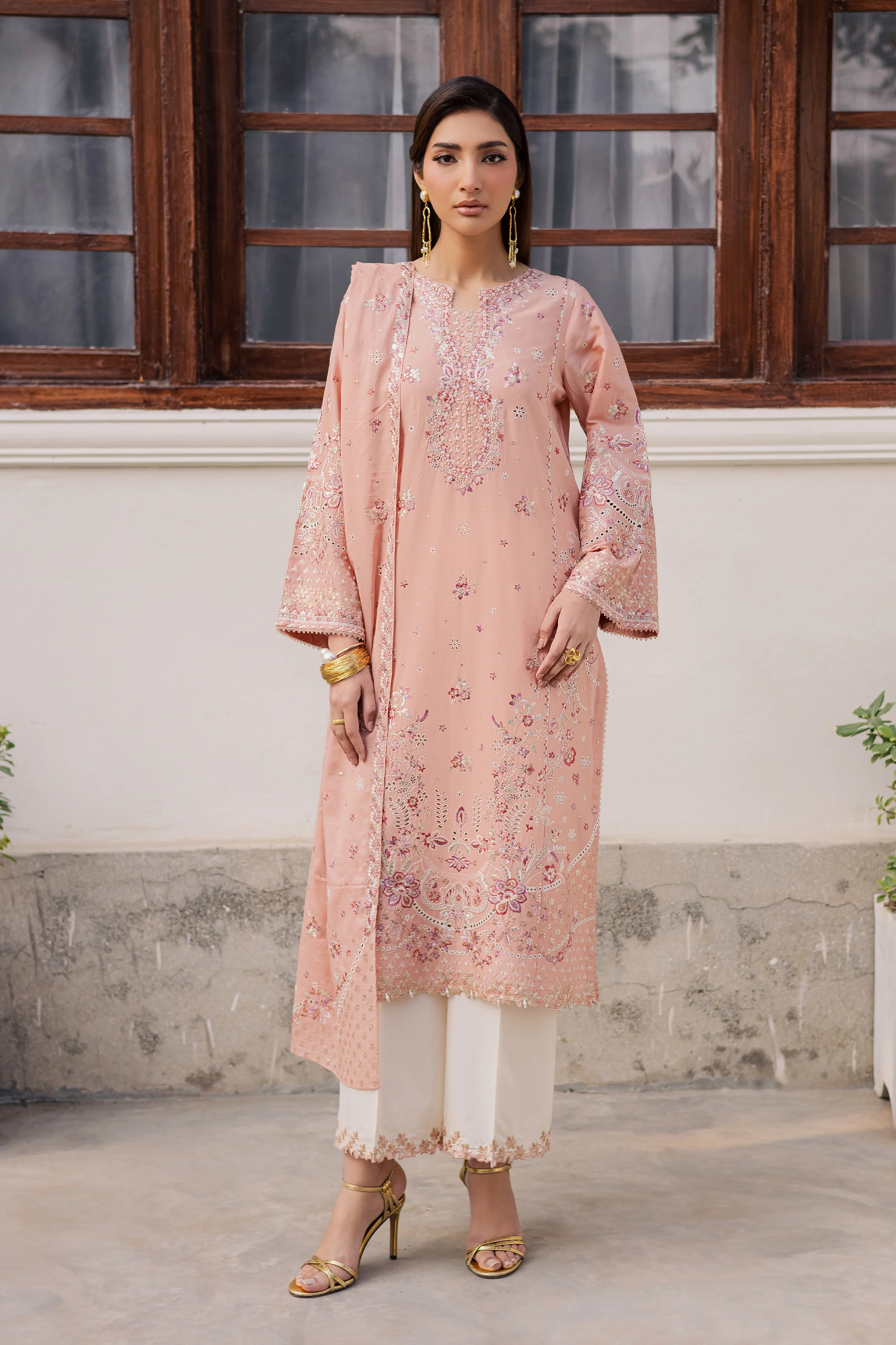 Peach Line 3Pc - Festive Embroidered Lawn - Image 5