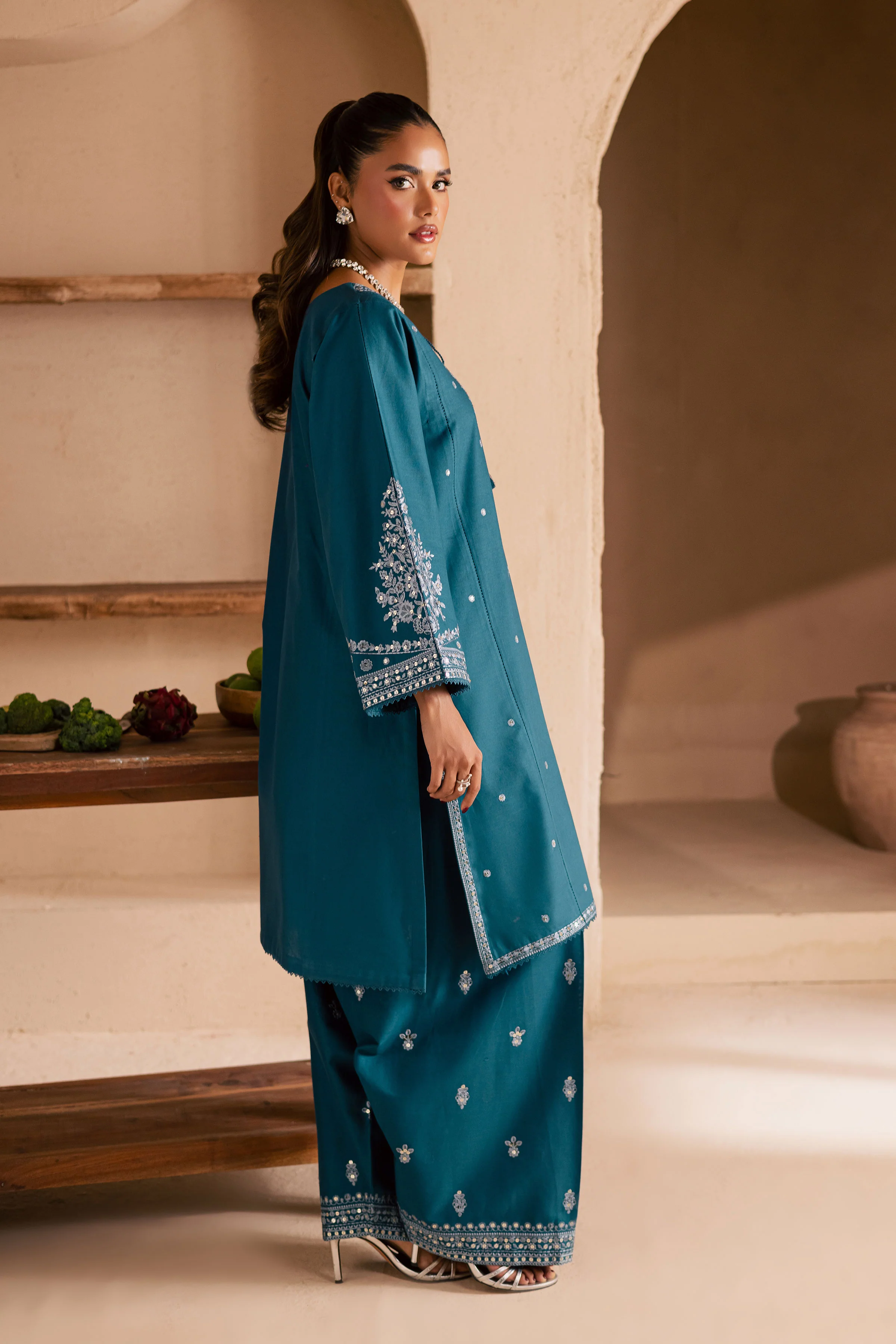 Teal Mahay 2Pc - Embroidered Khaddar Dress - Image 3