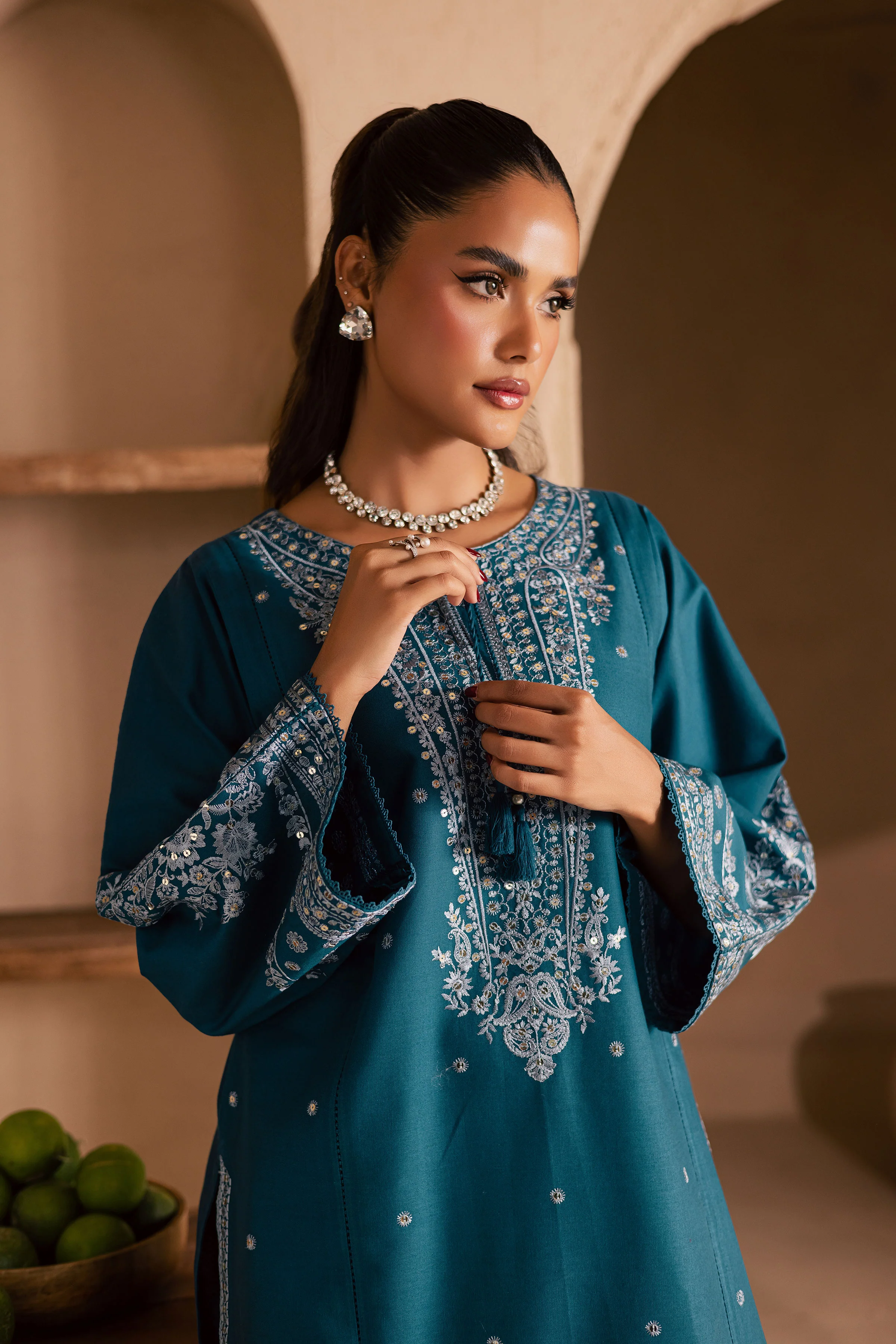 Teal Mahay 2Pc - Embroidered Khaddar Dress - Image 4